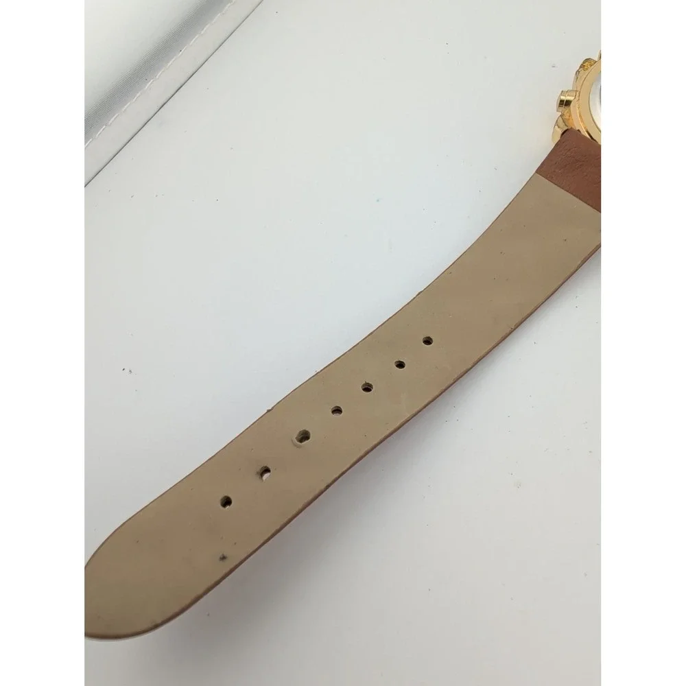 Women's Gold Watch 34mm Case Crystal Bezel Brown Faux Leather Band- New Battery
